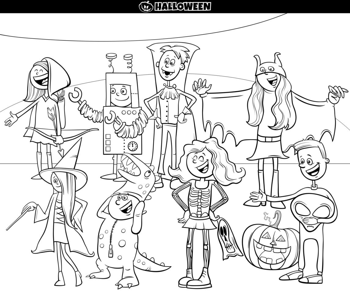 Personajes de dibujos animados en la fiesta de Halloween para colorear la  página del libro 1417765 Vector en Vecteezy