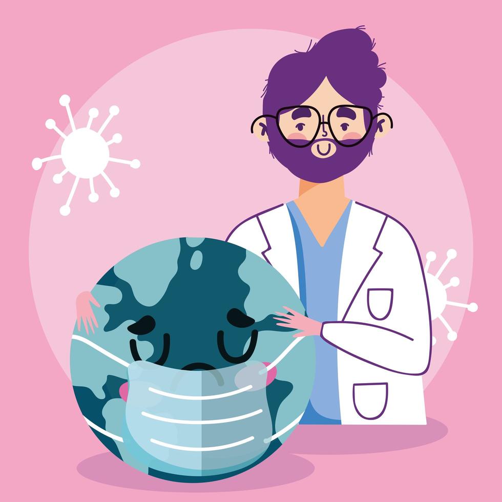 Physician with sad planet wearing a face mask vector