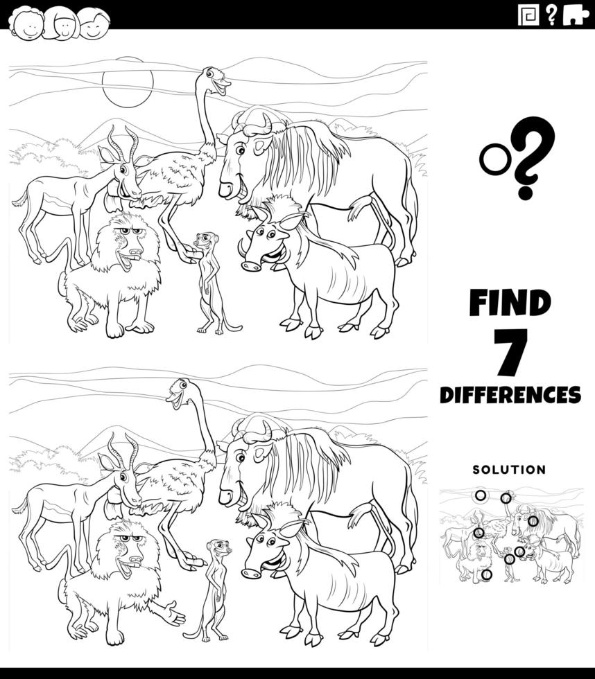 Differences educational game with animals coloring book page vector