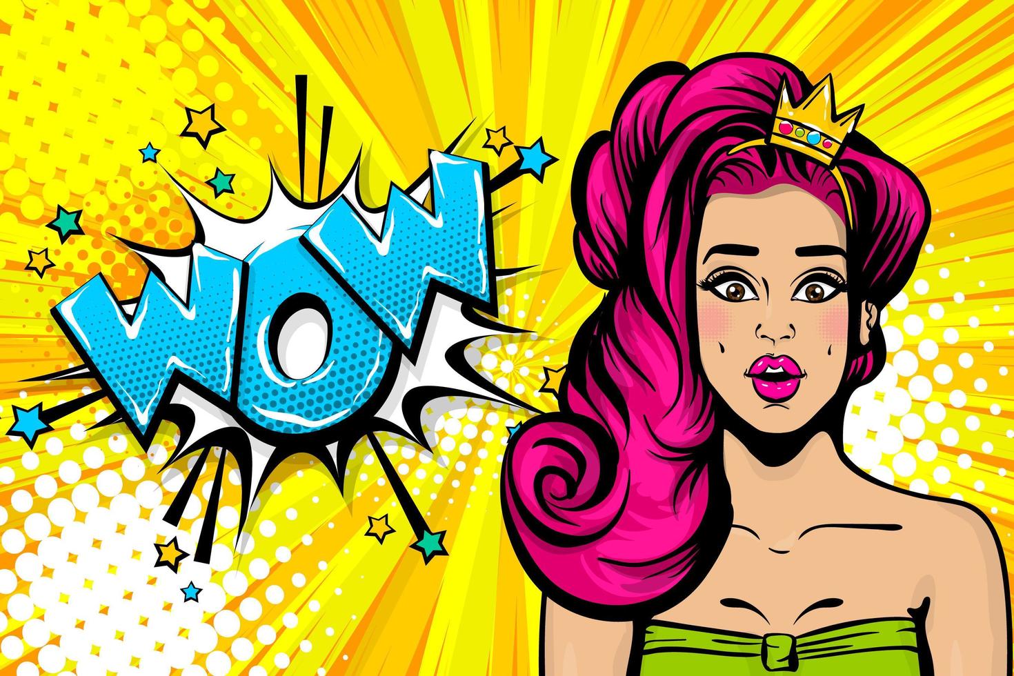 Pink hair princess girl pop art wow face vector