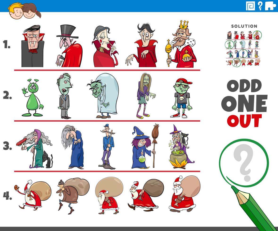 Odd one out game with wild holiday characters vector