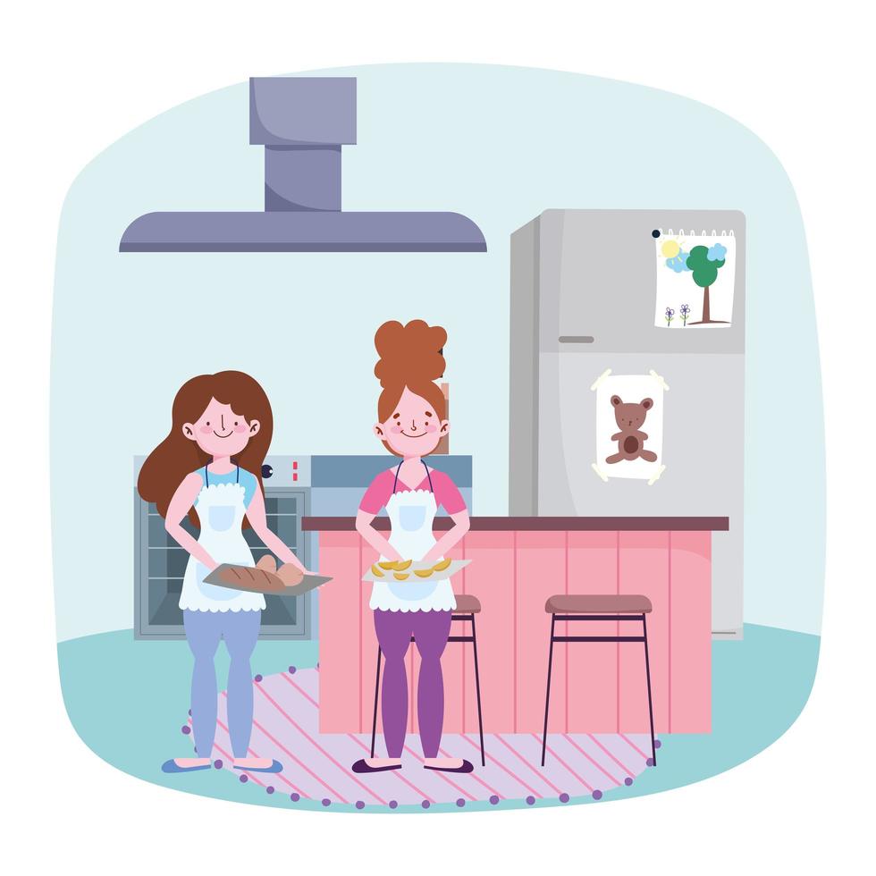 Young women cooking in the kitchen vector