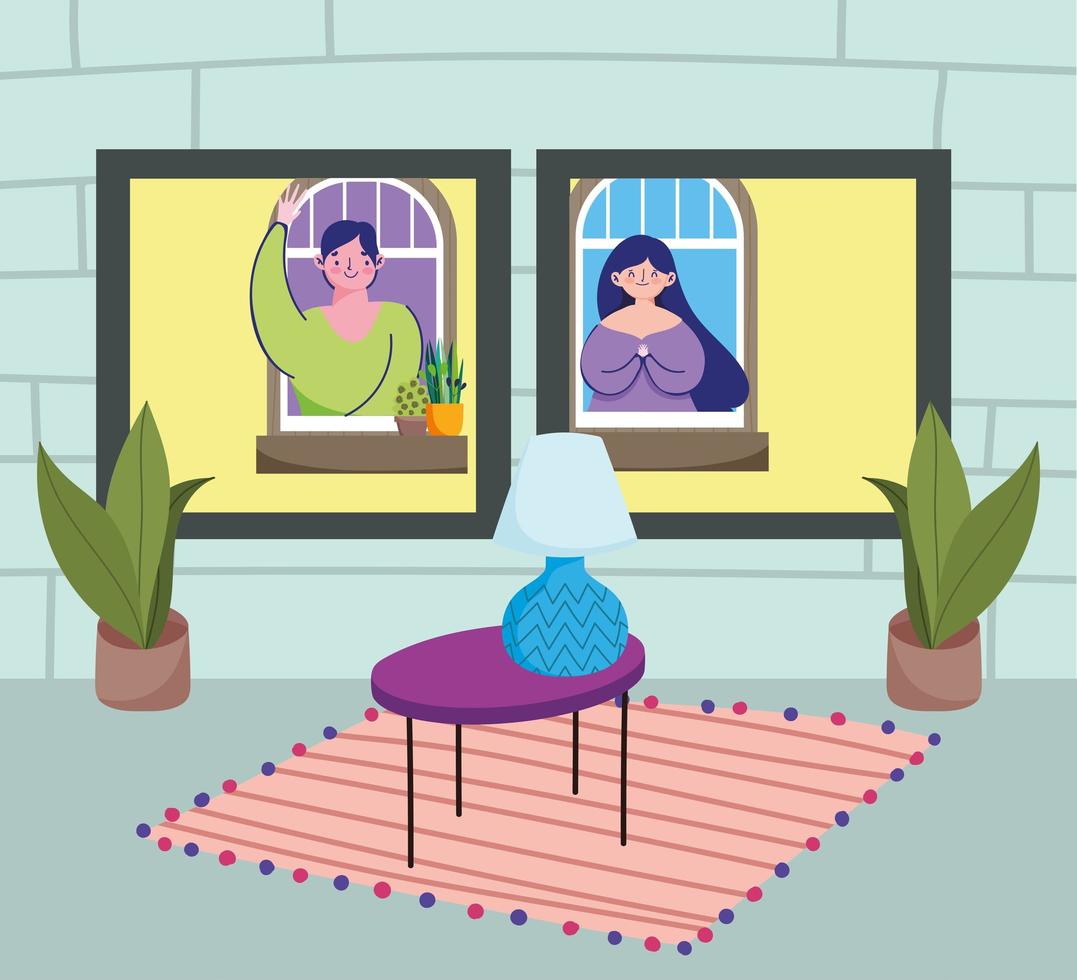 Home interior with people looking on the window vector