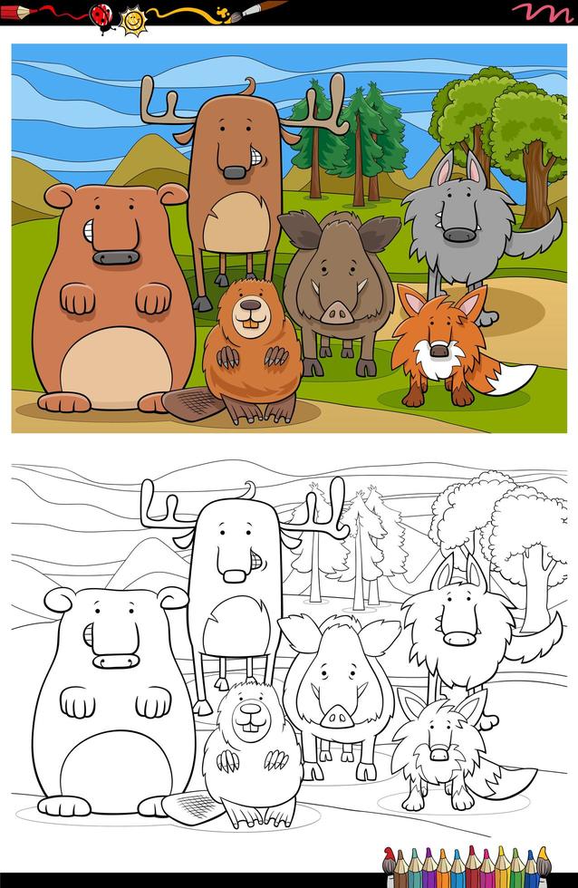 Cartoon funny wild animals group coloring book page vector