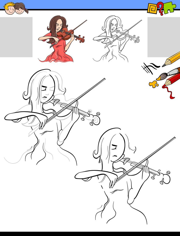 Drawing and coloring task with girl playing violin vector