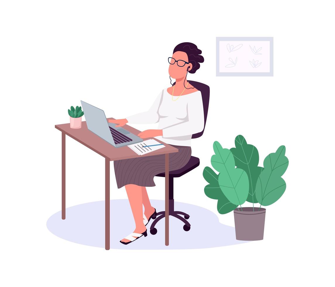 Woman working with laptop, flat color vector, faceless character. vector