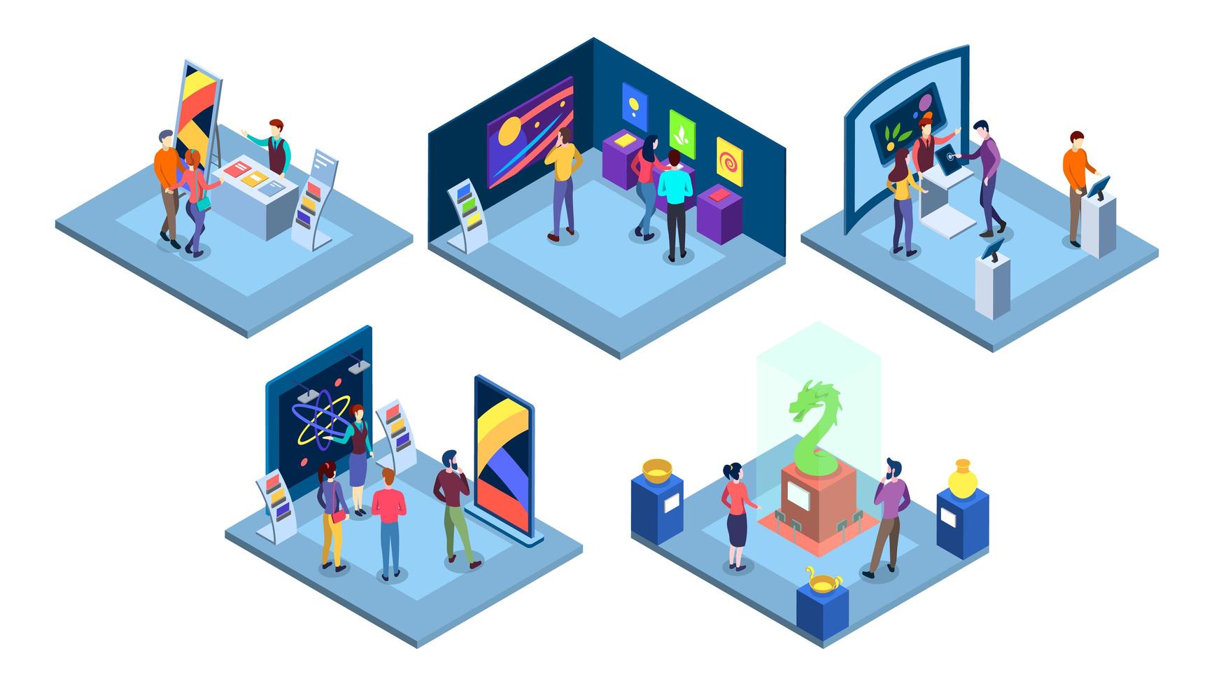 Exhibitions isometric vector illustrations set.