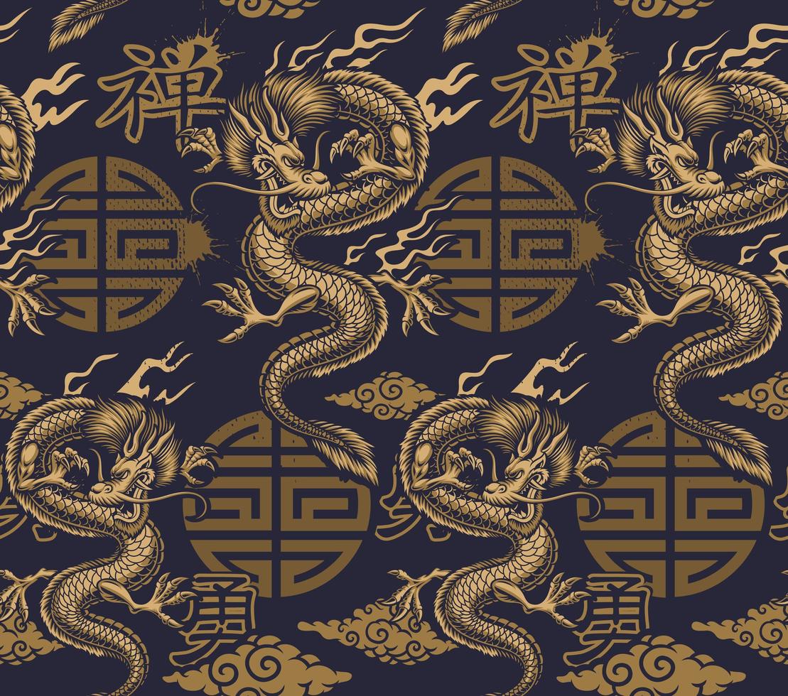 Blue and gold Asian style pattern with dragons vector