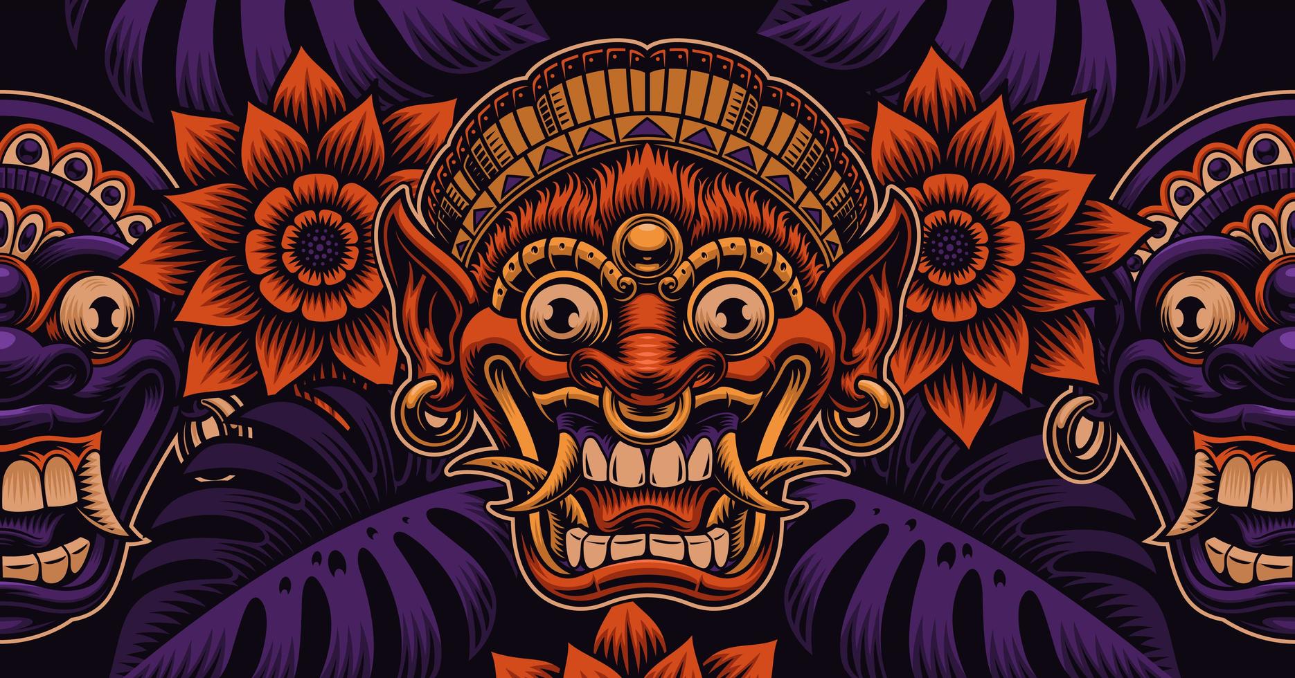 Beautiful Asian pattern with traditional Bali masks and foliage vector