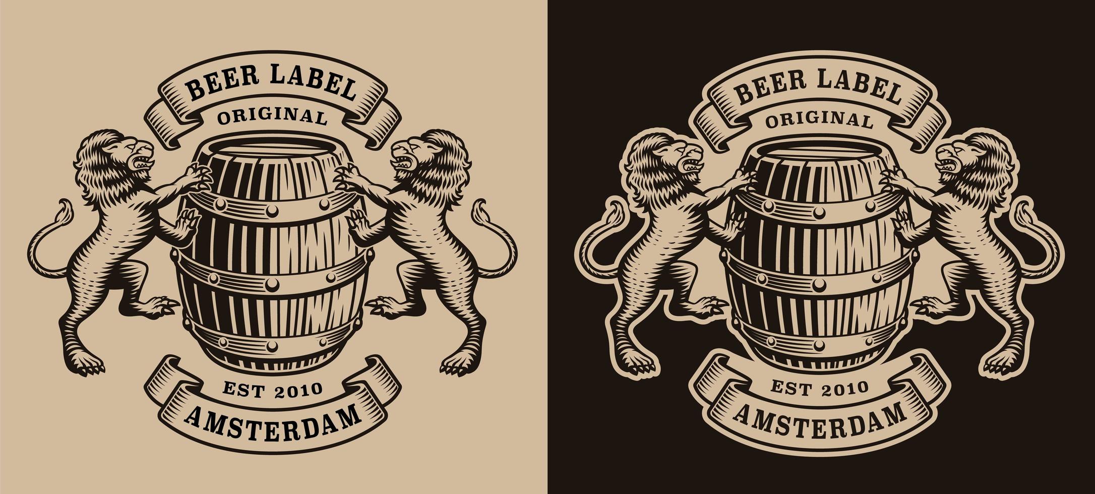 etiqueta de cervecería vintage con barril y leones vector