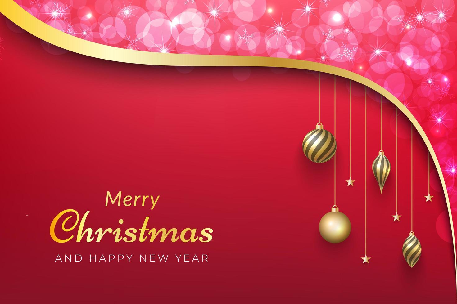 Christmas background with pink bokeh, gold ribbon and ornaments vector