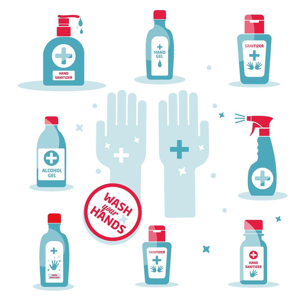 Hand sanitizer symbol, alcohol bottle for hygiene set vector