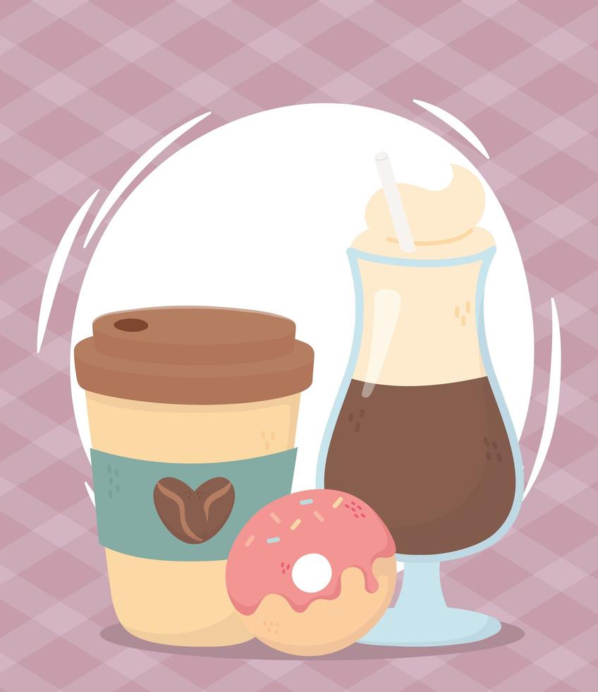 Composición de la hora del café con bebidas y donas. vector