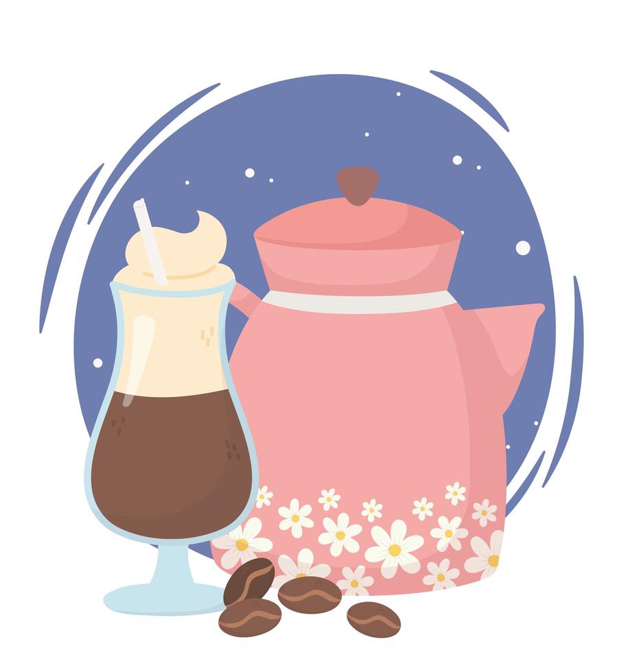 Coffee time composition with drink and coffee pot vector
