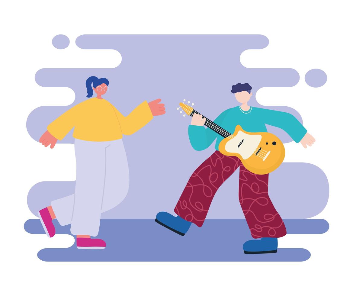 Man playing electric guitar and woman dancing vector