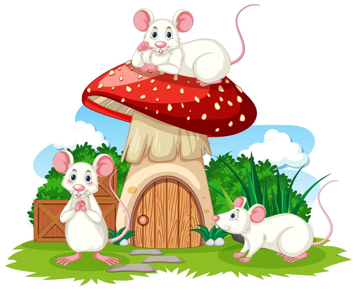 Mushroom house with three mouses vector