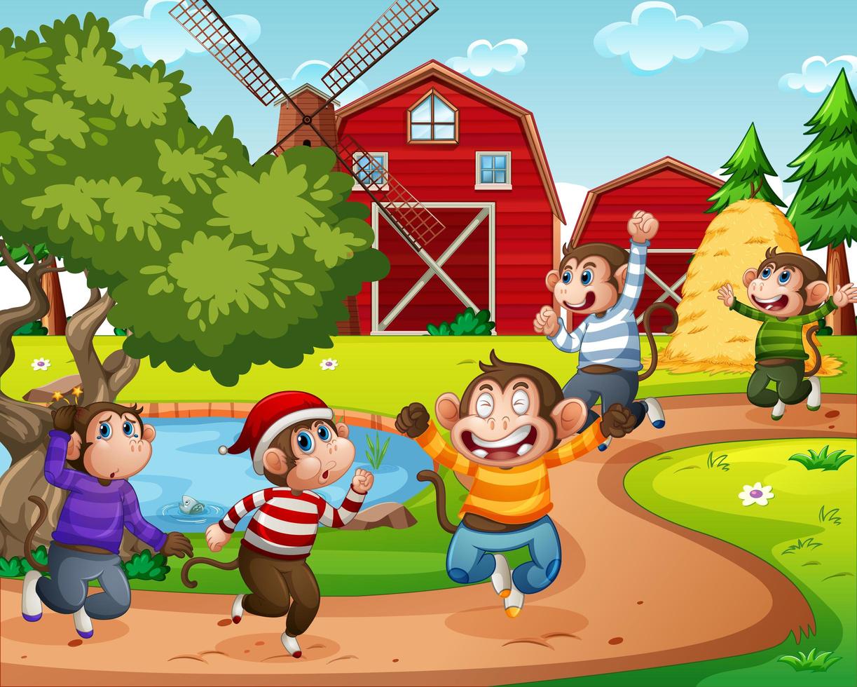 Five little monkey jumping in the farm scene vector