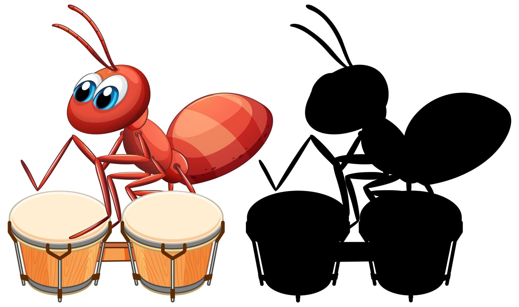 Ant playing drum and its silhouette vector
