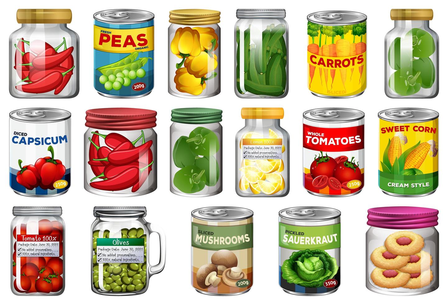 conjunto de diferentes alimentos enlatados. vector