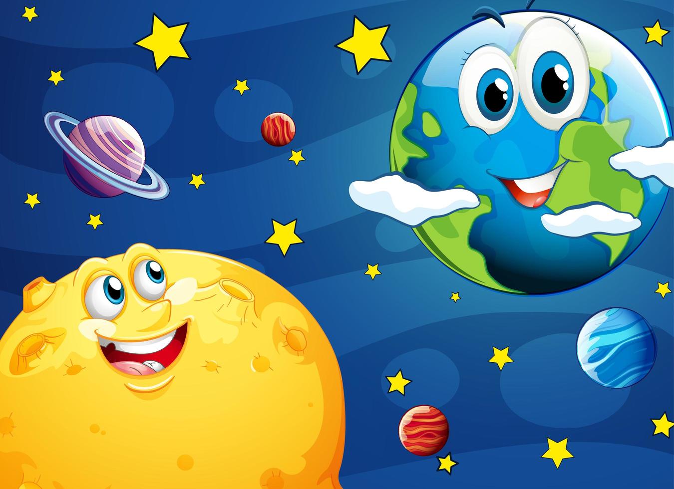 Moon and earth with happy faces in space vector