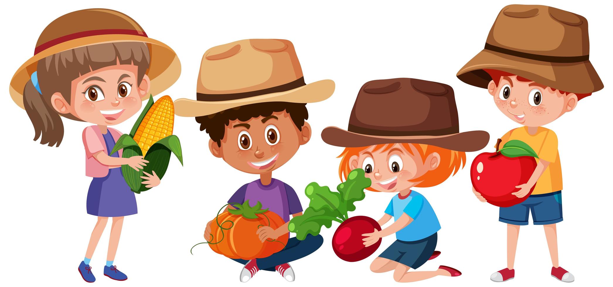 conjunto de diferentes niños sosteniendo frutas vector