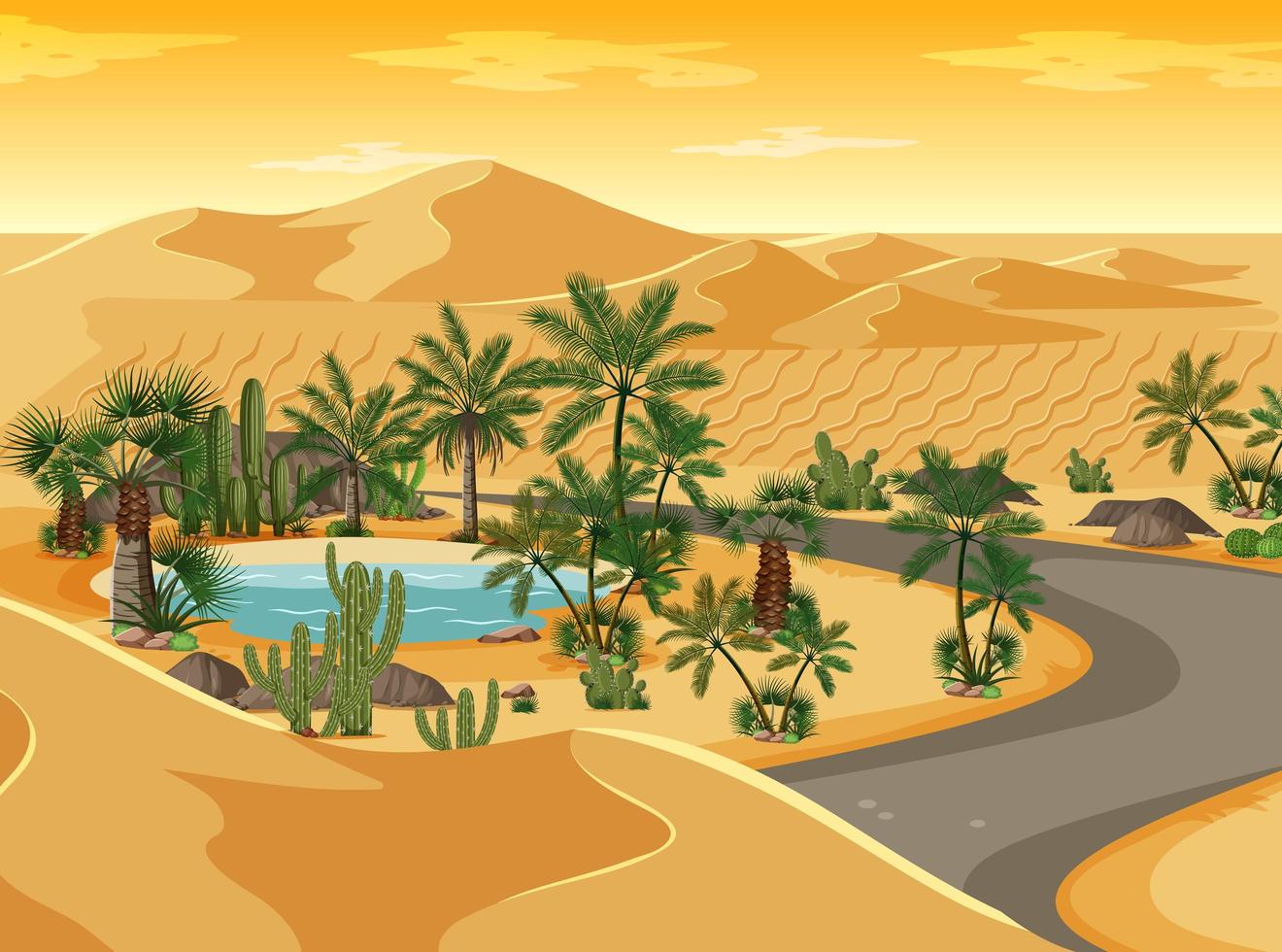 oasis en el desierto con paisaje de carretera larga vector