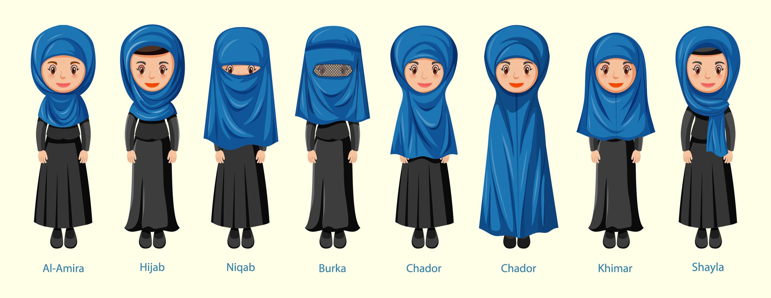 Types of Islamic traditional veils of female vector