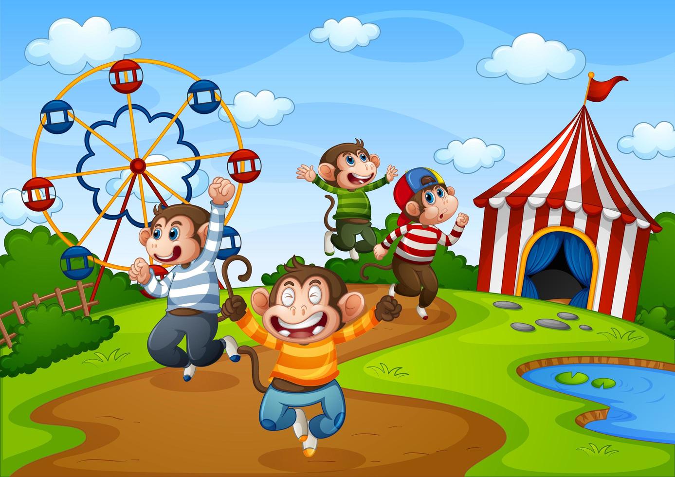 Monkeys jumping in the amusement park scene vector