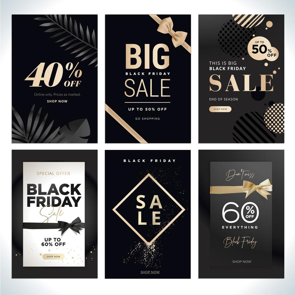 Black Friday black and gold sale template set vector