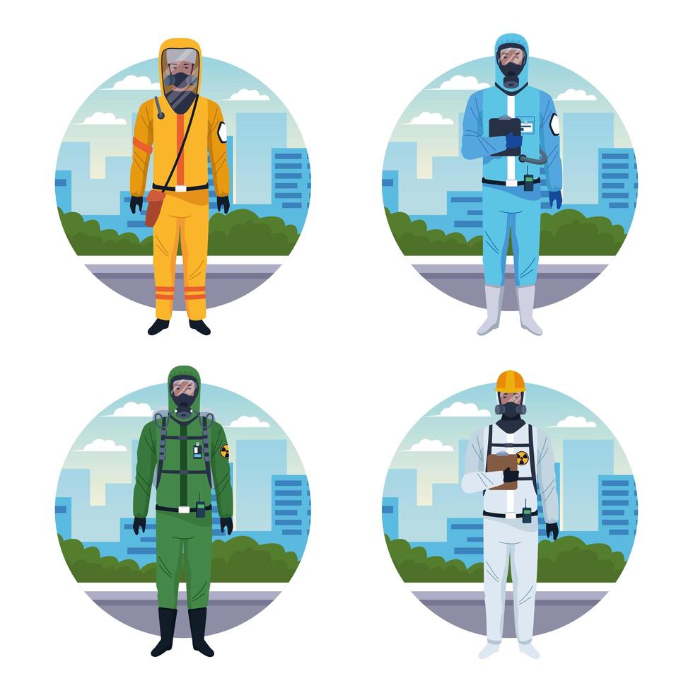 grupo de trabajadores con trajes protectores contra virus vector
