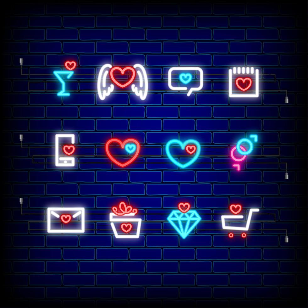 Neon happy Valentines Day icons set vector