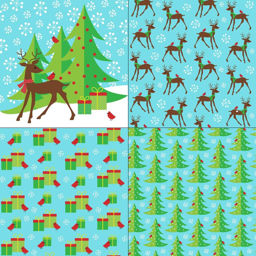 ciervos navideños, regalos y patrones de árboles vector