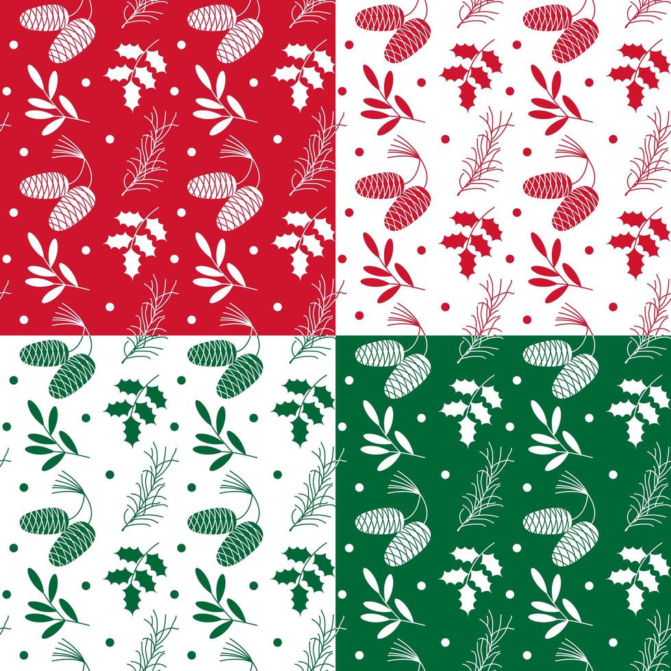 Green red white pinecone and holly patterns vector