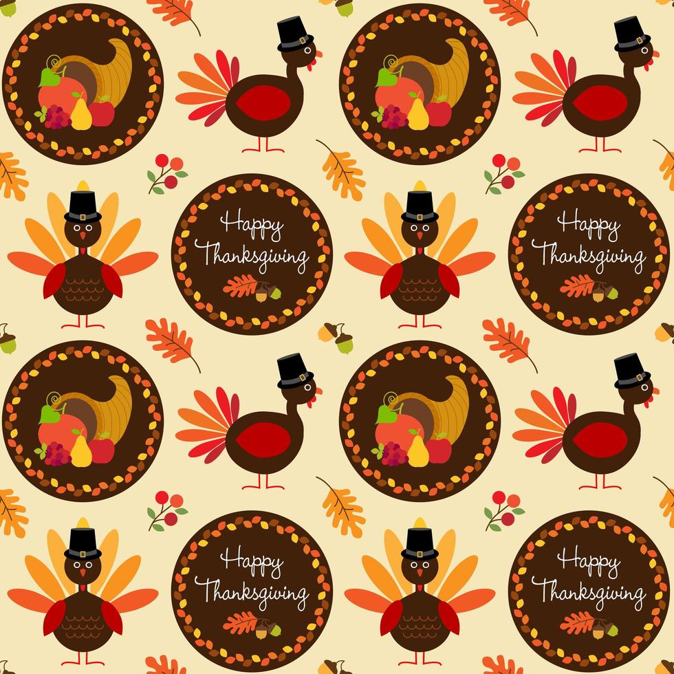 Thanksgiving pattern with turkeys and cornucopia vector