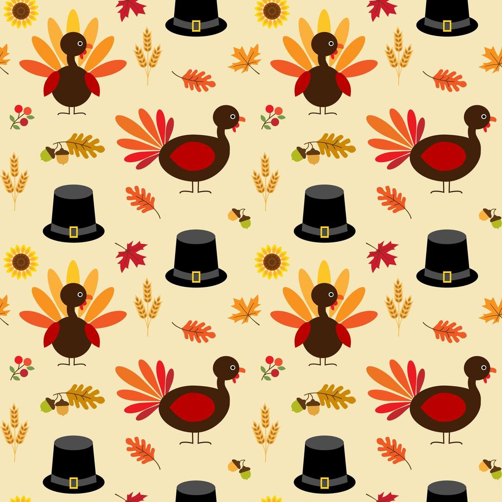 Thanksgiving turkey, leaves and pilgrim hat pattern vector