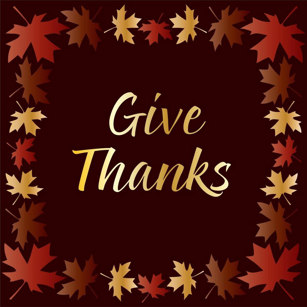 Gold give thanks typography with leaf frame vector