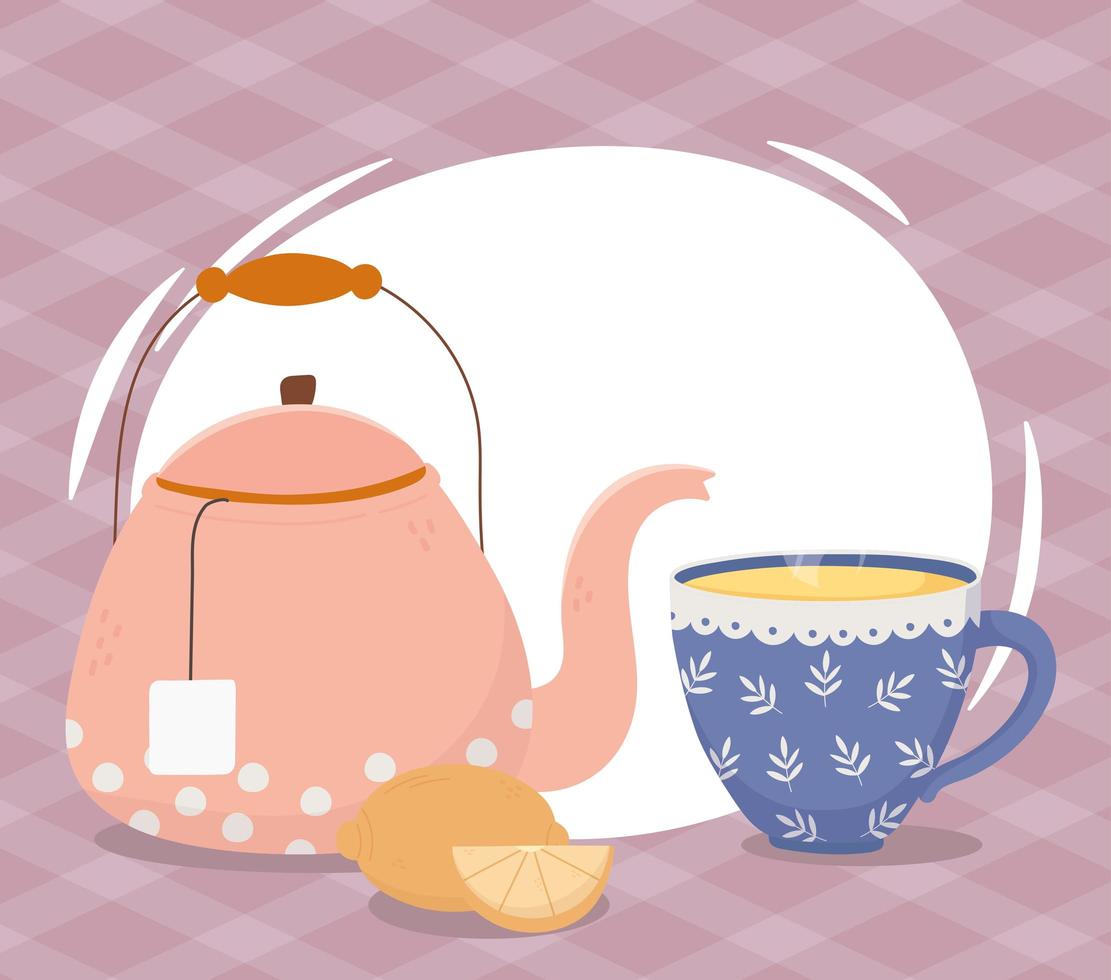 Tea time composition with kettle and cup vector