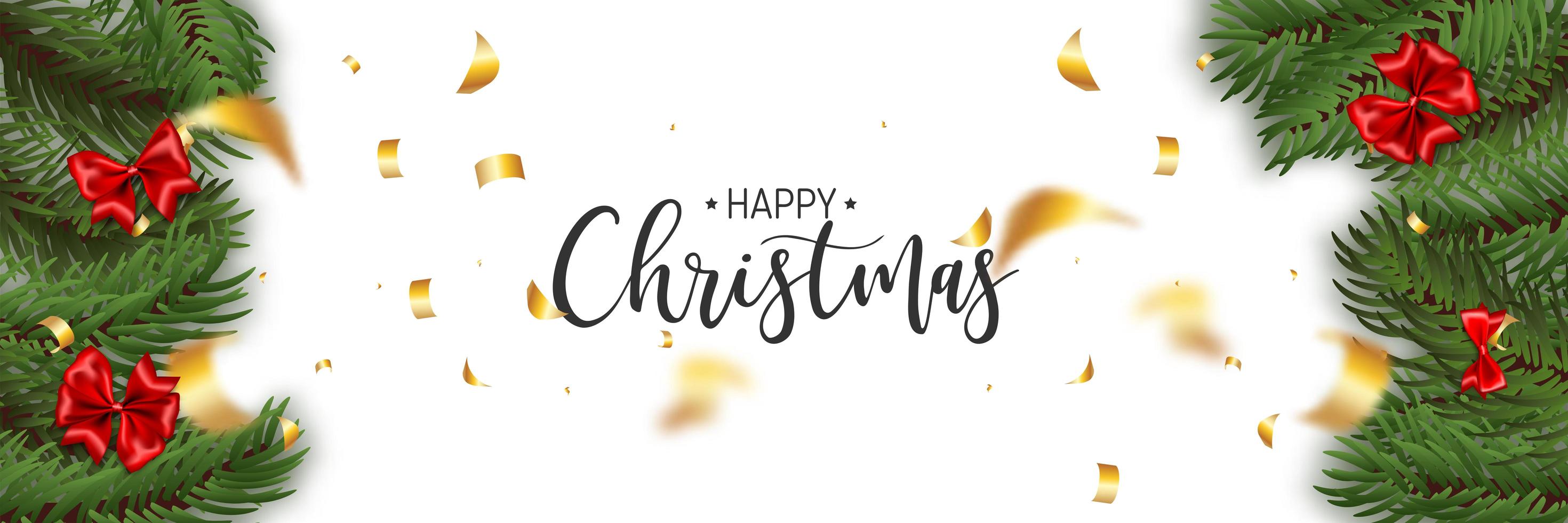 Pine tree and bow borders with Happy Christmas text vector