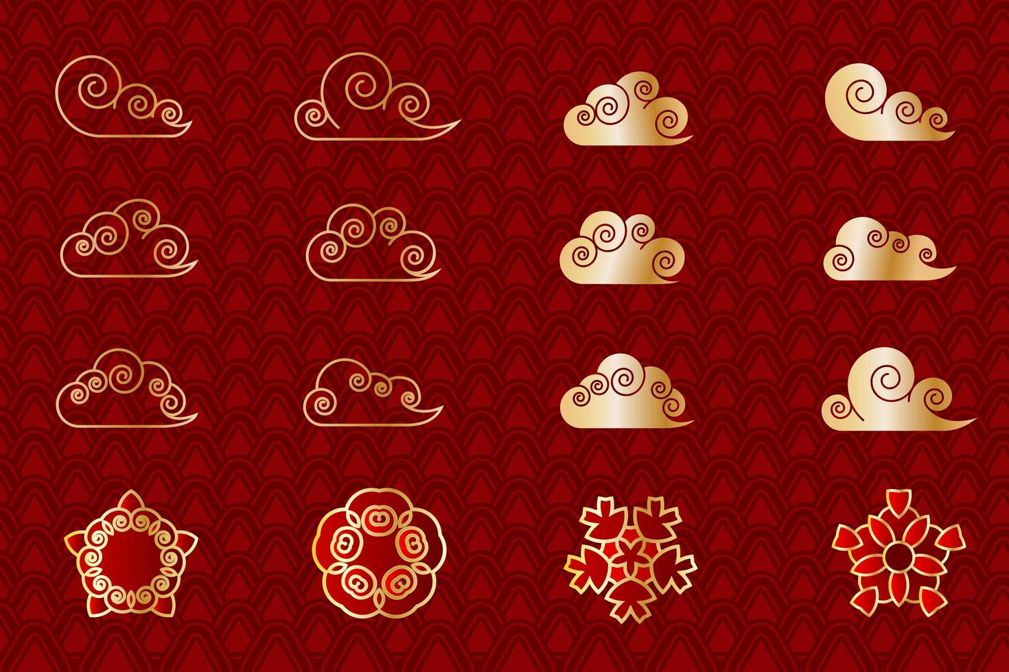 Asian red and gold cloud and geometric flower set vector