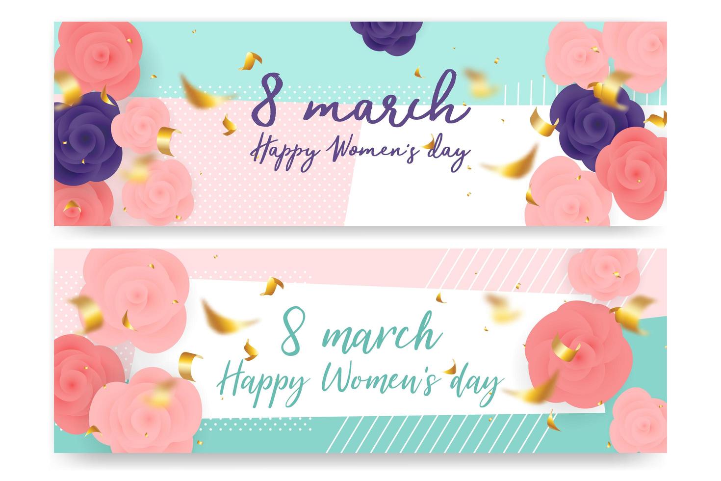 Women's day roses on geometric shape banner set vector