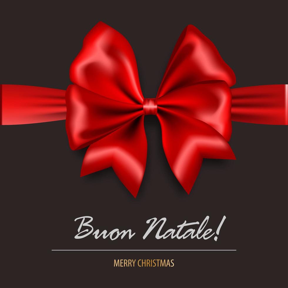 feliz navidad en italiano tarjeta de lazo de regalo de satén rojo vector