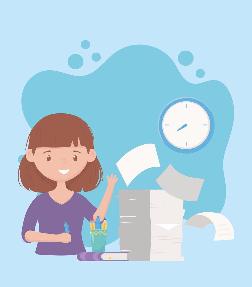 Happy young woman with a pile of papers vector