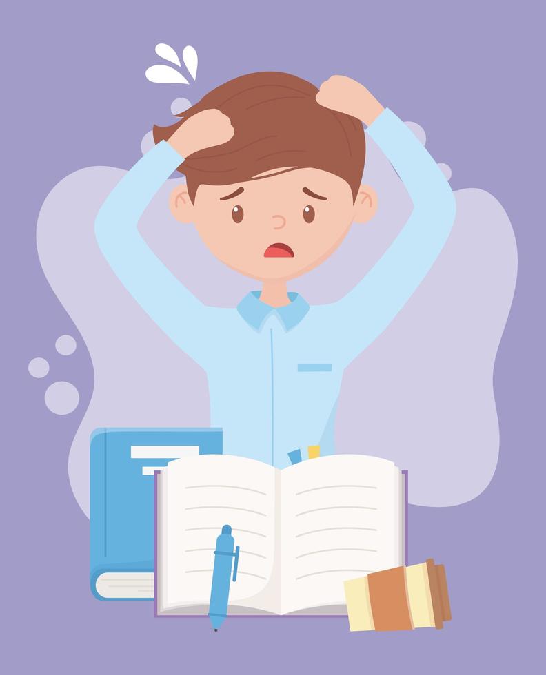 Stressed student boy with books vector