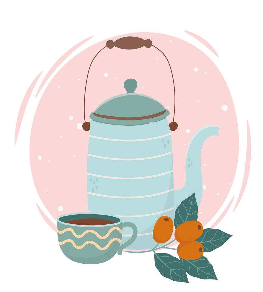 Blue kettle and cup with coffee fruits vector