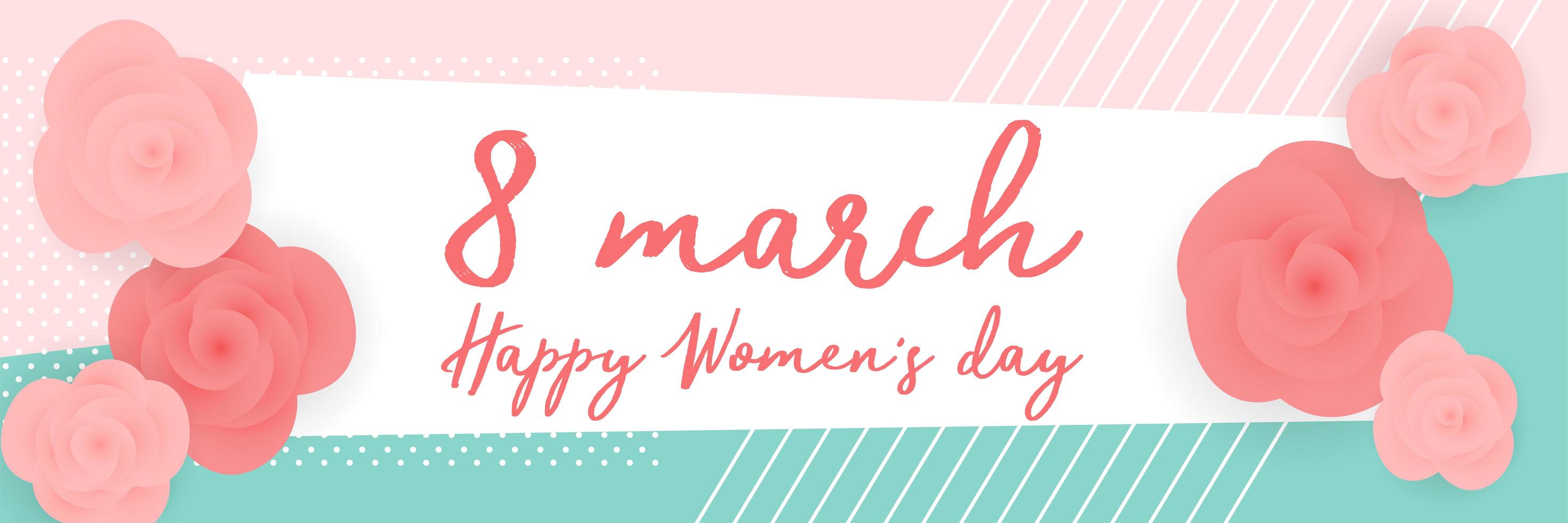 Women's day roses on geometric patterns banner vector