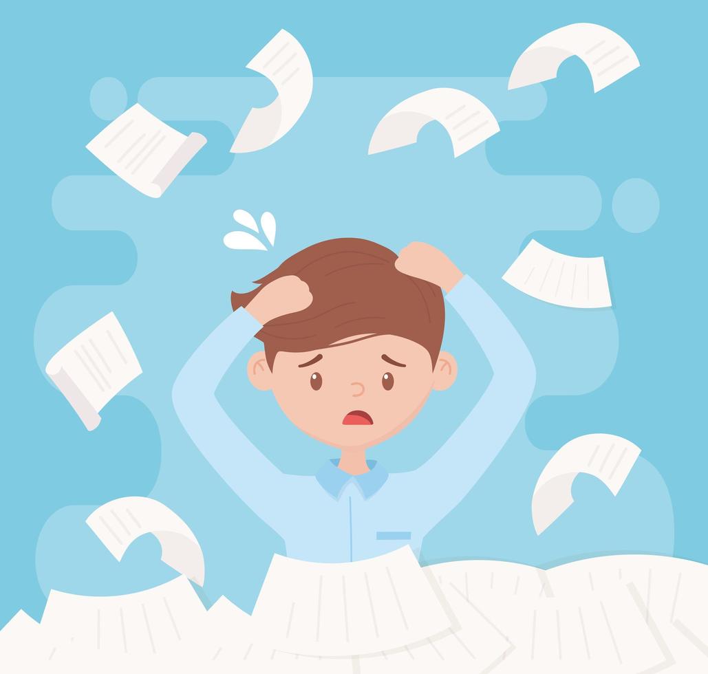 Stressed employee with piles of papers vector