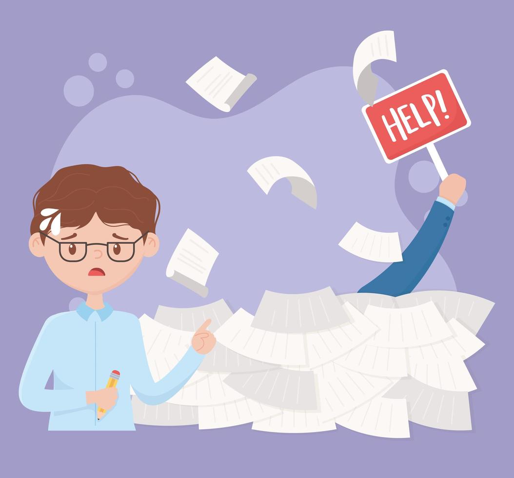 Stressed employee with piles of papers vector