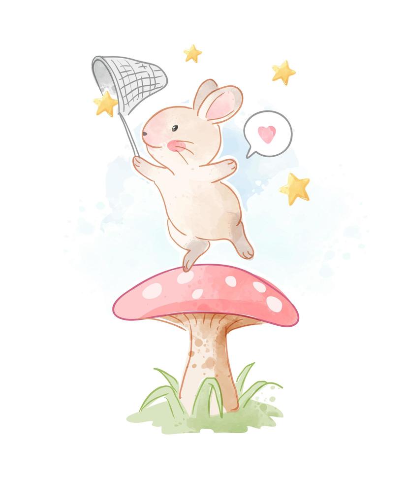 Little Rabbit Catching Star on Mushroom vector