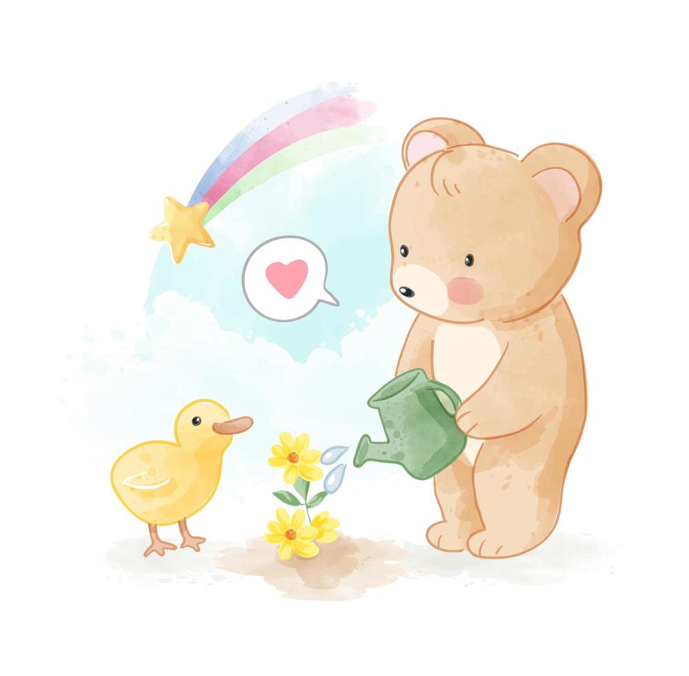 Cute Bear and Little Duck Watering Flowers vector