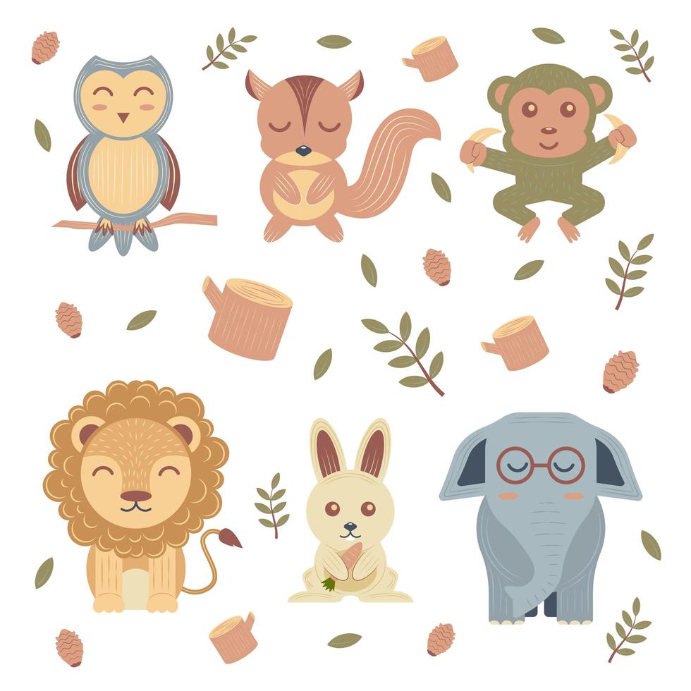 hermosos animales en estilo de color plano vector